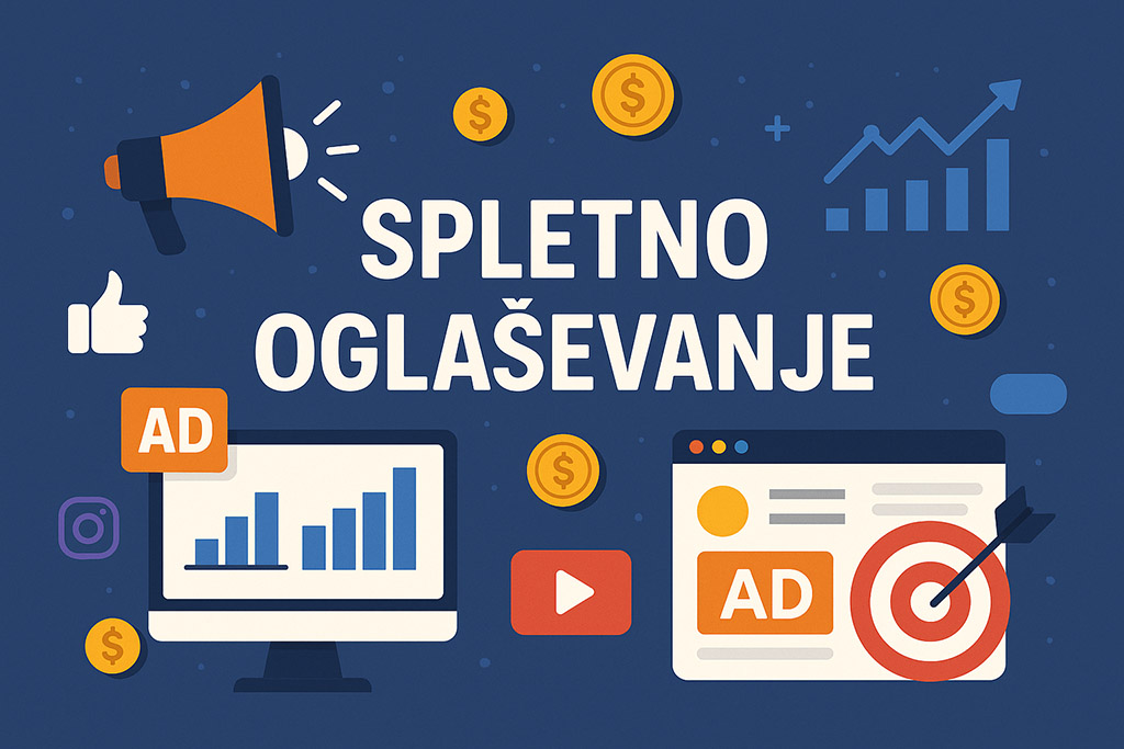 Spletno oglaševanje z grafi, ciljno tarčo, računalnikom in ikonami družbenih omrežij, ki ponazarjajo digitalni marketing.