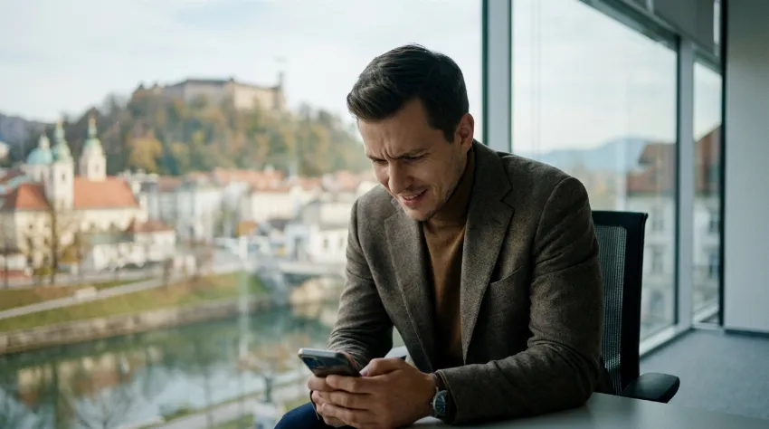 Poslovnež v pisarni preverja rezultate kampanje na pametnem telefonu.