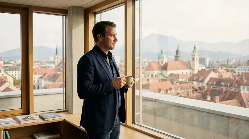 Podjetnik razmišlja o strategiji ob oknu s pogledom na mesto.