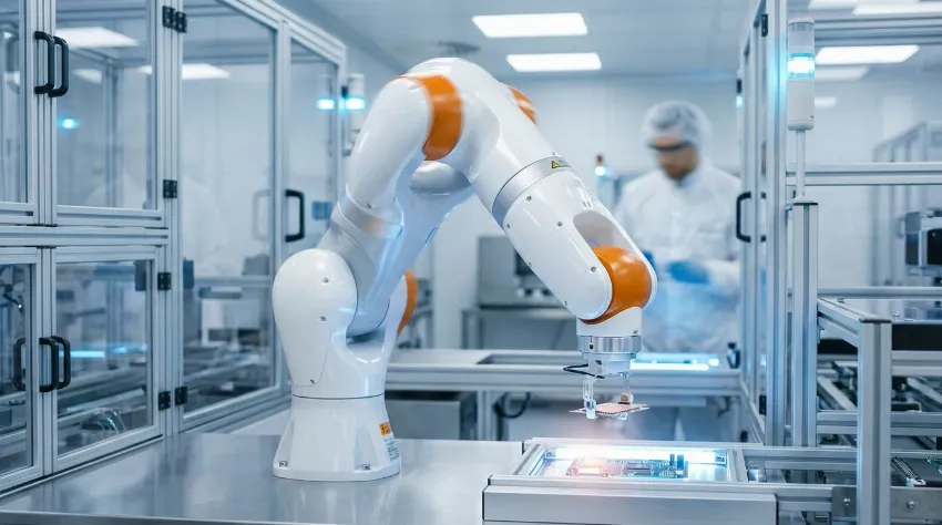 Robotska roka v moderni tovarni opravlja natančno nalogo