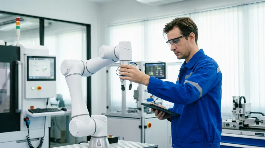 Inženir dela s sodelovalnim robotom v proizvodnji