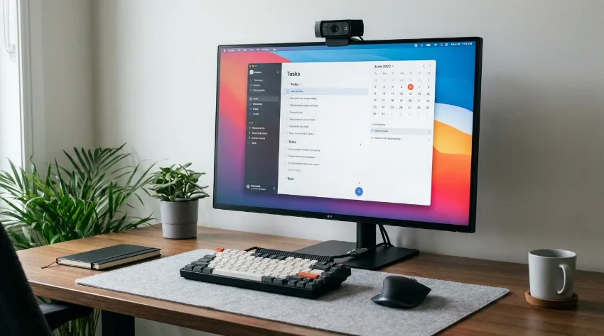 Domača pisarna z dodatnim monitorjem, spletno kamero in brezžično miško